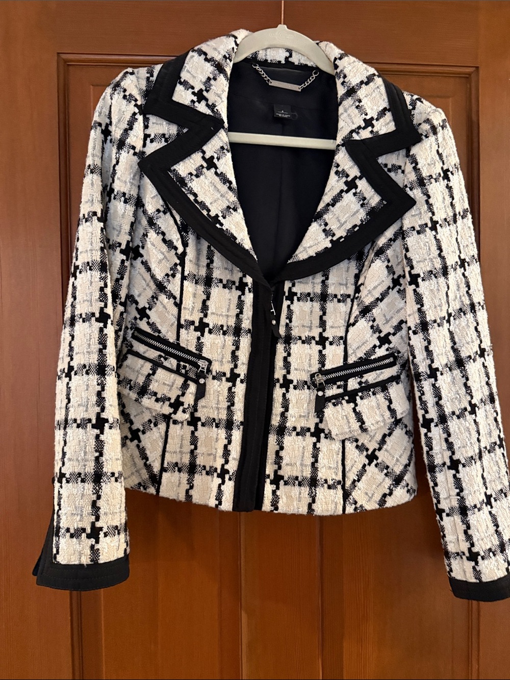 Woven Black & White Tweed Jacket with Contrast Trim